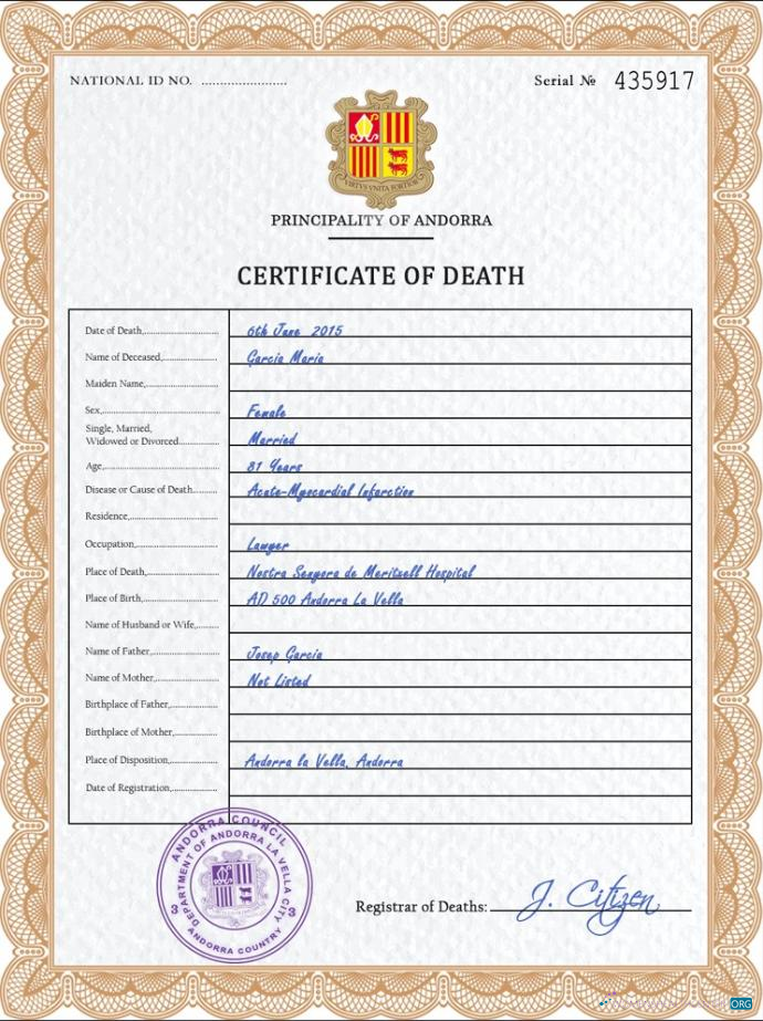 Download Andorra death certificate PSD template Photoshop template
